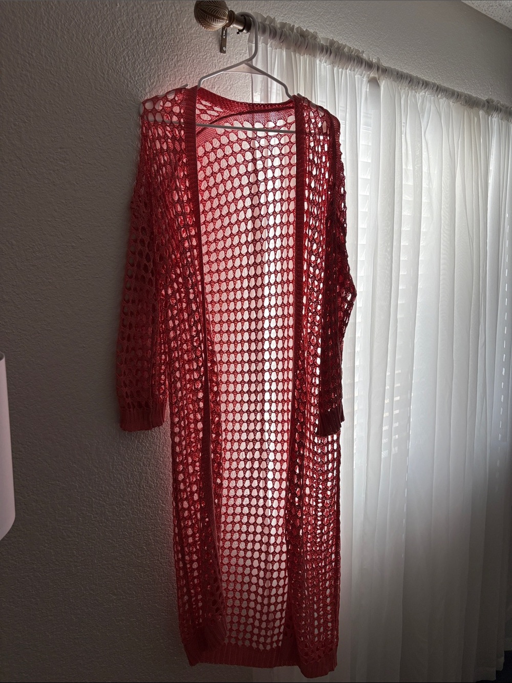Long Open-Knit Coral Duster Cardigan